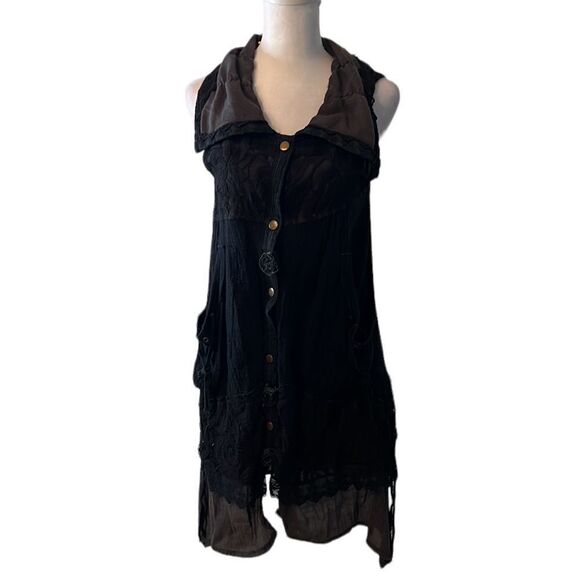 ctf international szS black&grey lace trim boho coverup w/pockets snap front GUC - Picture 1 of 9